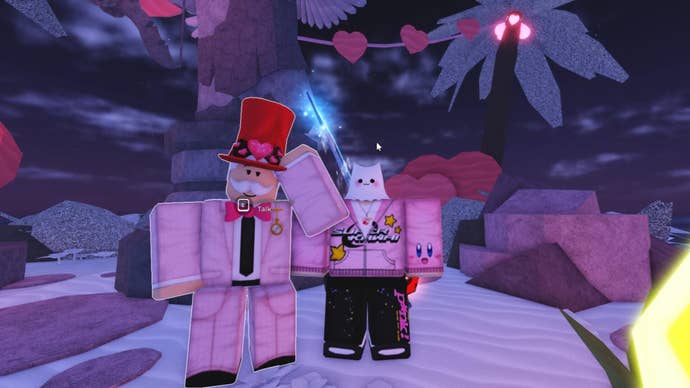 A player stands beside the Valentine’s NPC in Fisch’s Moosewood region