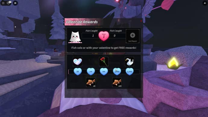 The Valentine's event menu, which tracks how many fish a player has caught since starting the event, is shown in Fisch