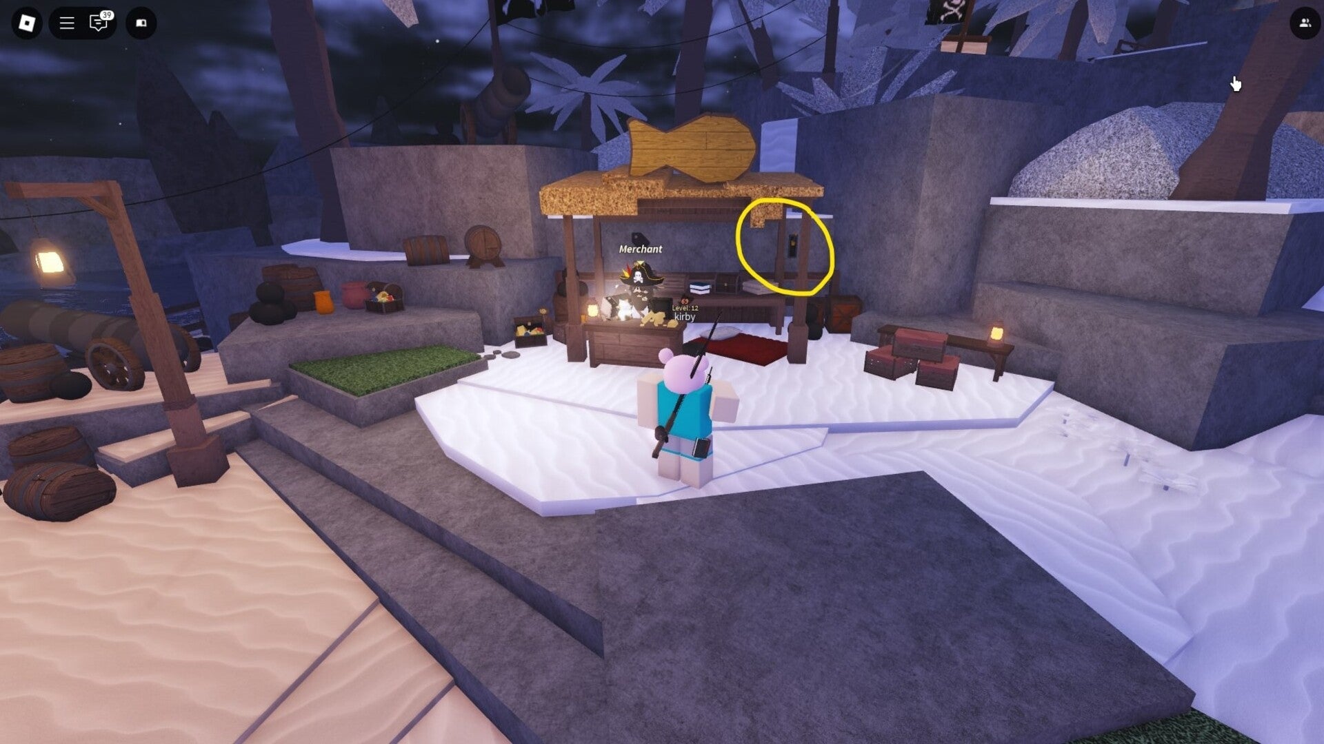 The player faces a lever - which is circled in yellow - beside the Merchant on Forsaken Shores in Fisch - 4