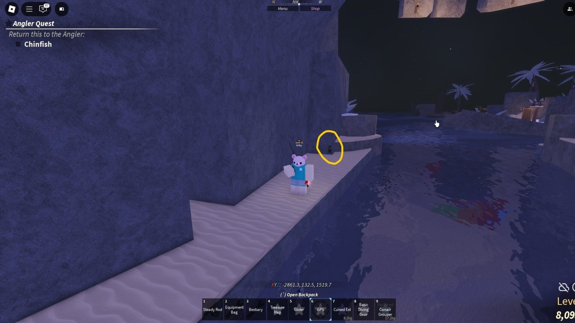 The player faces a lever - which is circled in yellow - on a wall on Forsaken Shores in Fisch
