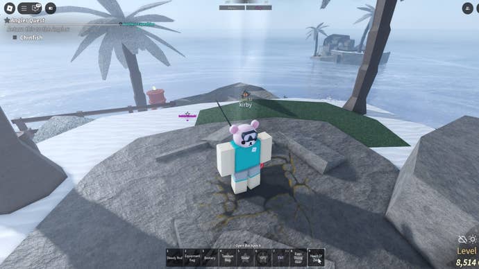 The player stands at the Grand Reef, where players can use the Heart of Zeus to be teleported to Atlantis in Fisch