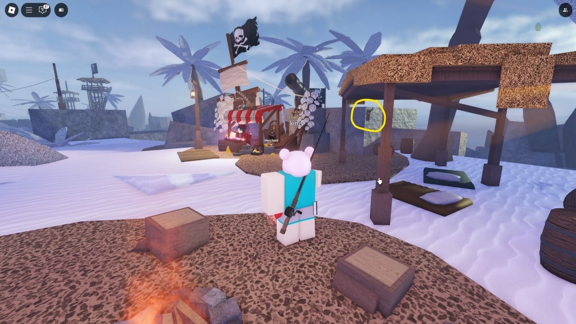 The player faces a lever - which is circled in yellow - beside the Skin Merchant on Forsaken Shores in Fisch