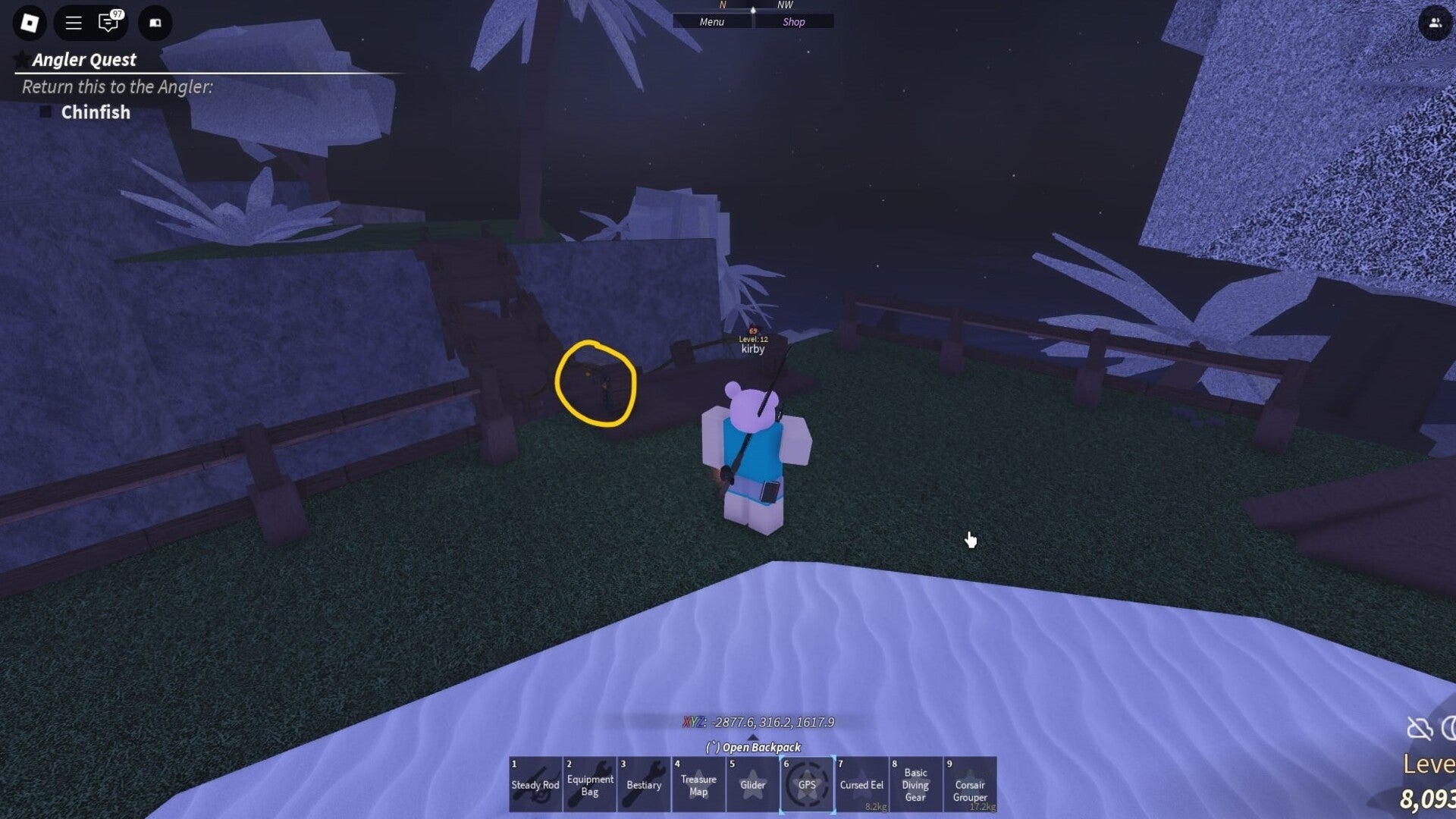 The player faces a lever - which is circled in yellow - beside the bridge on Forsaken Shores in Fisch