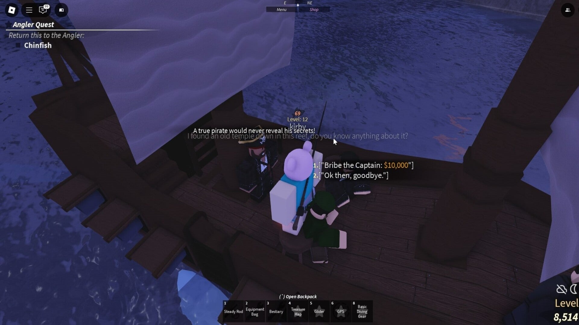 The player speaks with the pirate on the Mysterious Pirate Ship near Grand Reef in Fisch - 3