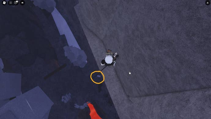 The player stands on a ledge outside of Roslit Volcano, standing above a white brick in Fisch