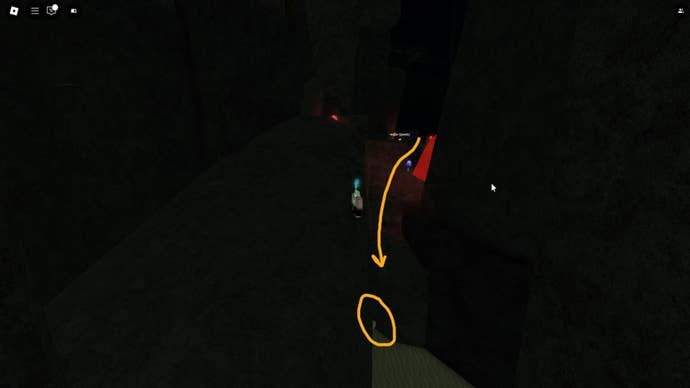 The player stands in The Depths, with the Angler a short walk away in Fisch. A white brick beneath then is labelled