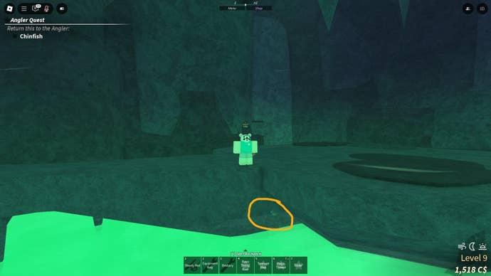 The player stands on a bridge in Brine Pool and a numerical code on the side of it is labelled in Fisch