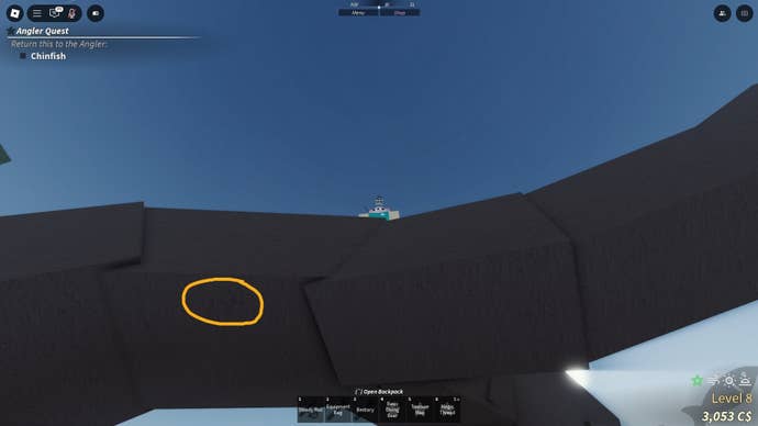 The player stands atop a tree branch in Mushgrove Swamp, where a code beneath the branch is labelled in Fisch