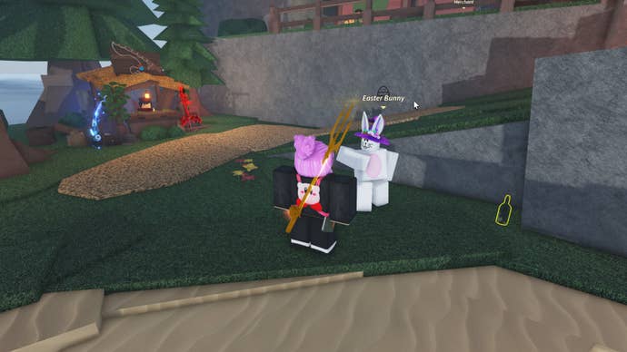 The player speaks to the Easter Bunny on Moosewood in Roblox’s Fisch