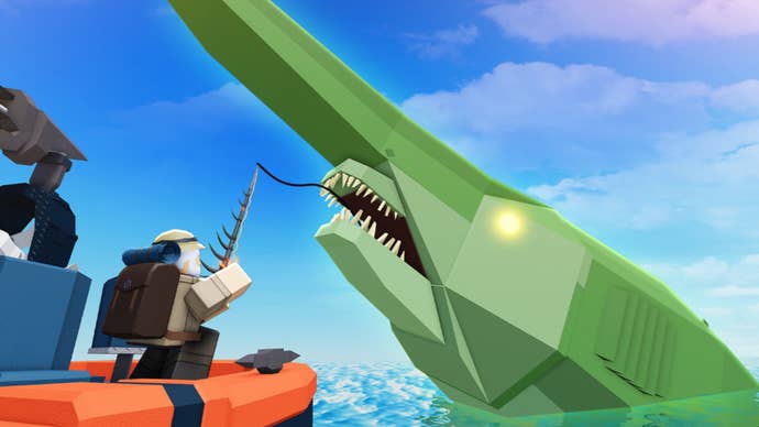 The player can be seen fishing up a large green shark in key artwork for Fisch