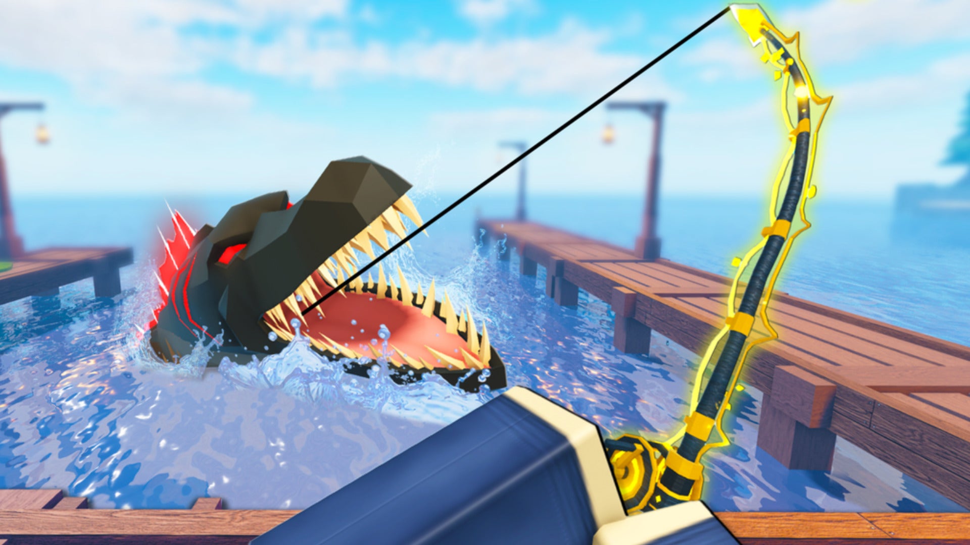 Key artwork from Fisch, showing a player reeling in a large black fish, is shown - 1