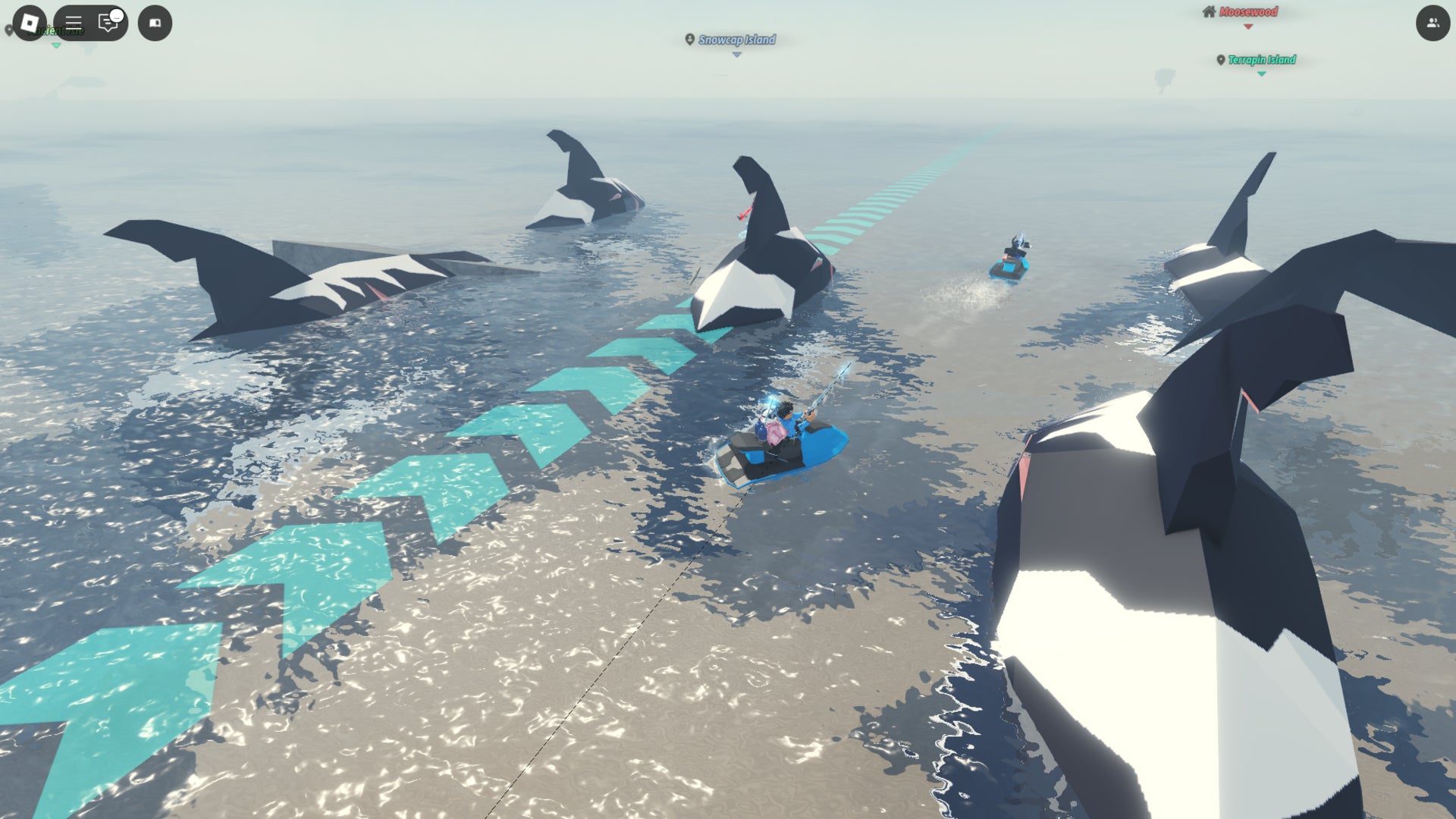 The player sails alongside an Orca Migration in Fisch - 1