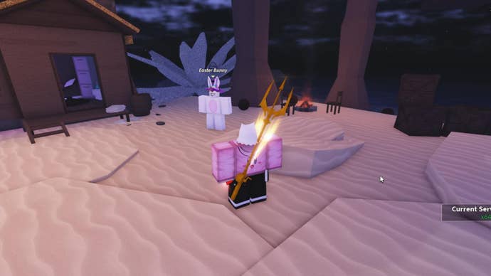 The player approaches the Easter Bunny on Sunstone Island as part of Roblox’s The Hunt quest in Fisch