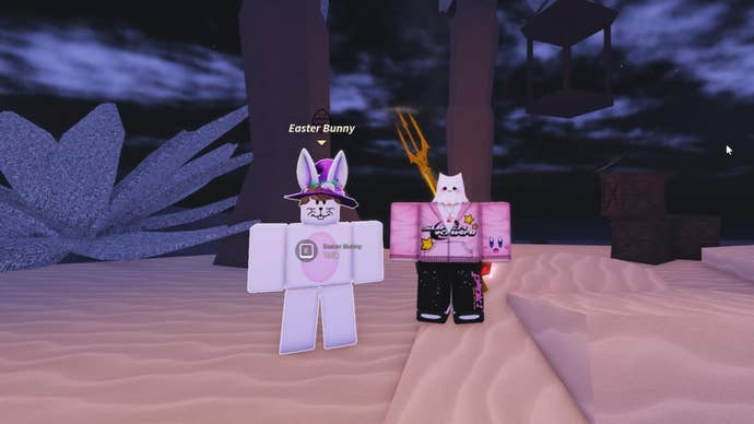 The player stands beside the Easter Bunny on Sunstone Island in Roblox’s Fisch