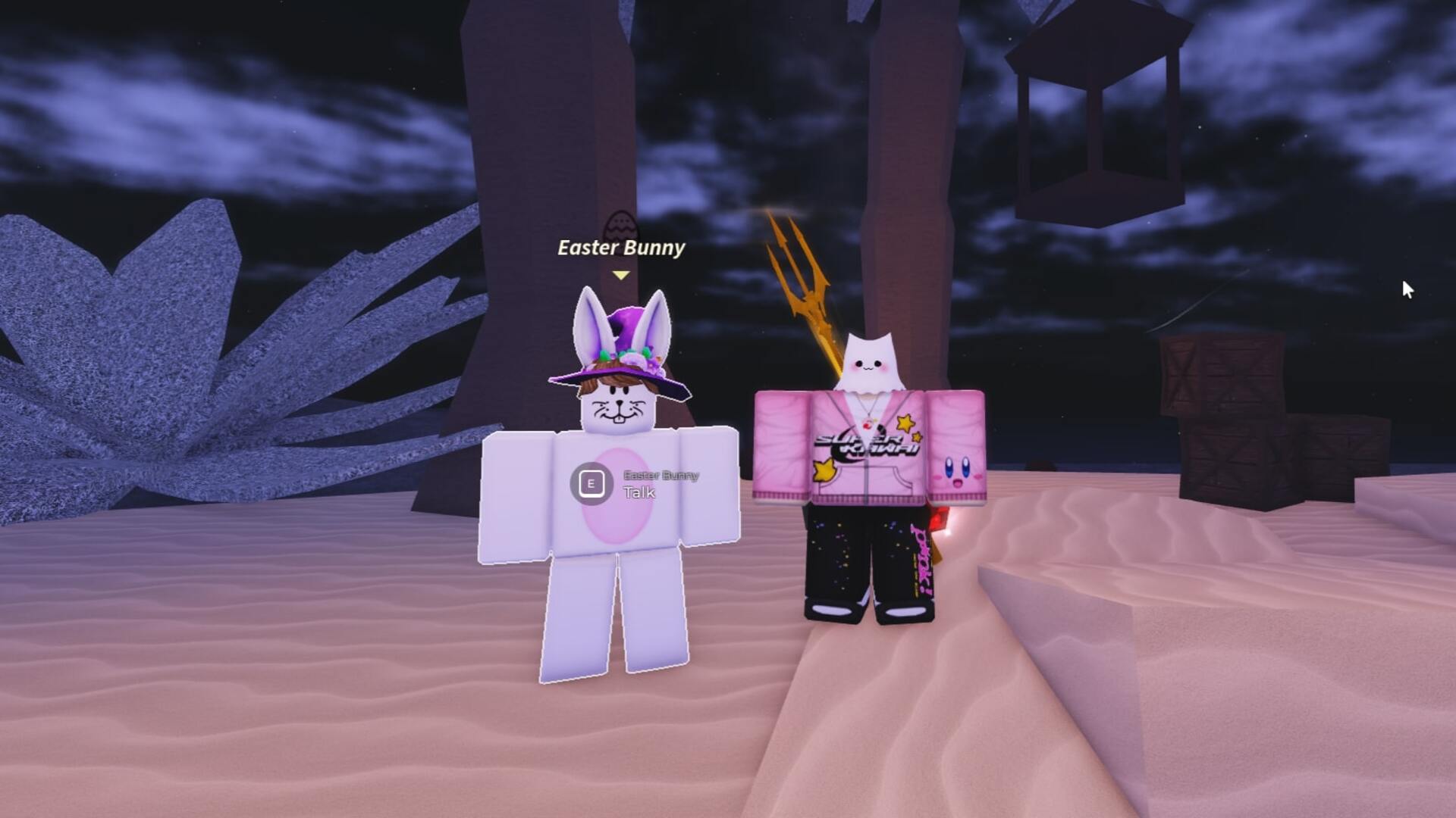 The player stands beside the Easter Bunny on Sunstone Island in Roblox's Fisch - 1