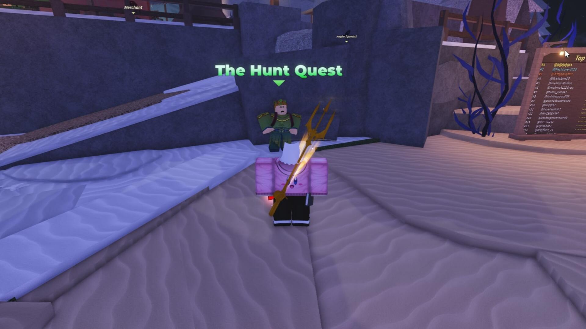 The player approaches Hippie, The Hunt quest-giver, in Moosewood in Roblox's Fisch - 3