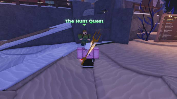 The player approaches Hippie, The Hunt quest-giver, in Moosewood in Roblox’s Fisch