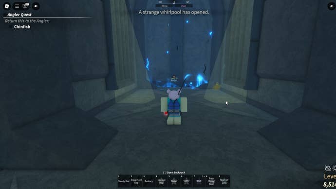 The player approaches a portal leading to the Zeus Trial in Fisch