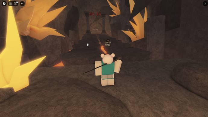 The player stands at the beginning of the stone bridge game, part of the Zeus Trial, in Fisch