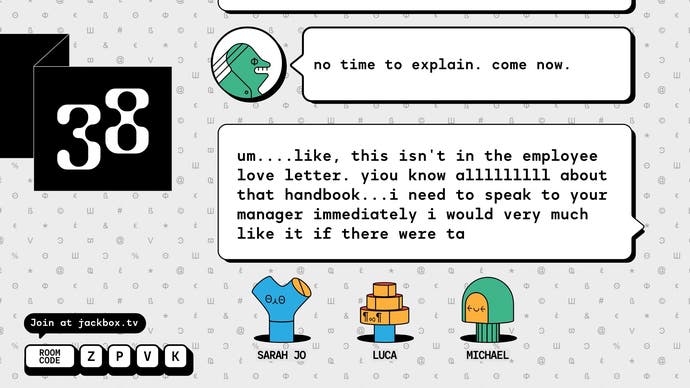 Jackbox Party Pack 10 screenshot showing FixyText, a mini-game where you collectively type an SMS message. A humourous and badly spelled text message is shown on screen.