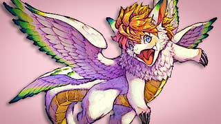 Flammie, the colourful, friendly dragon from Secret of Mana, smiling at the viewer in this very colourful illustration.