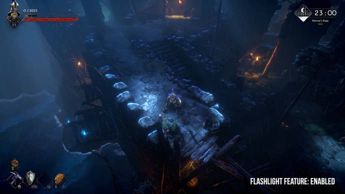 A dynamic ‘flash light’ tracks the player, enhancing the nearby view. This light is enabled in this image.