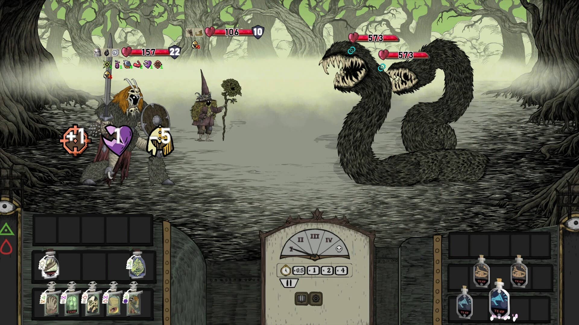 Dark fantasy homunculi do turn-based battle in Flask.