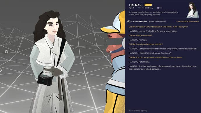 A photographer speaks with a service station clerk in Flat Eye