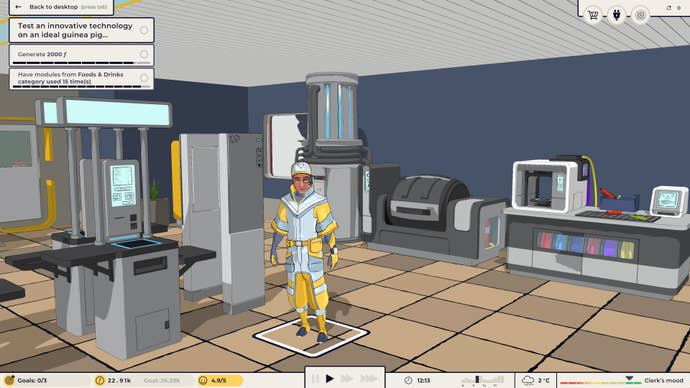 A service station clerk stands in front of cash checkouts, a recycling machine and a 3D printer in Flat Eye