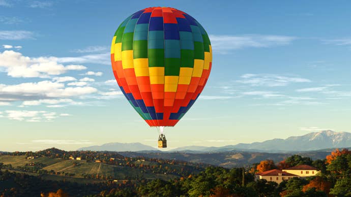 A hot air balloon in Microsoft Flight Sim 2024.