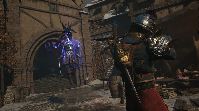 A woman in armour beholding a strange creature with purple light in a shady interior