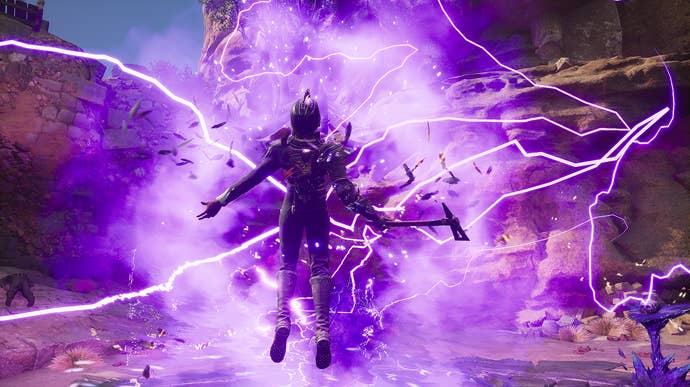 A woman using lightning magic that lifts her into the air