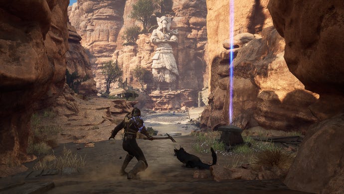 An armed woman exploring a sandy canyon with her ghost fox pal