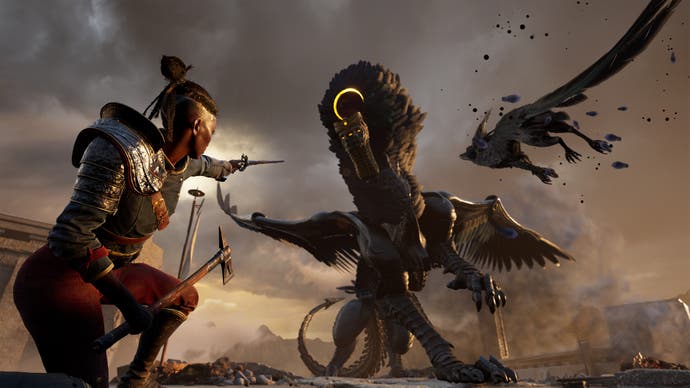Flintlock official screen showing Nor and Enki attacking a giant bird-lion beast