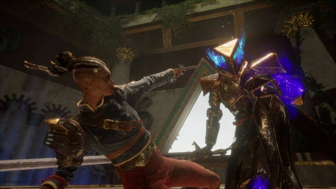 Flintlock official screen showing Nor sliding and shooting a heavily armoured sub-boss