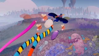 Screenshot from Flock showing a player flying through the sky with a group of curious creatures following behind