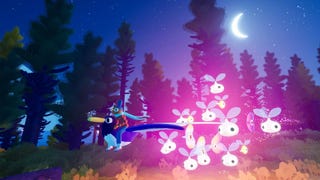 Screenshot from Flock showing a player with a glowing group of creatures following behind them as they fly through the night sky