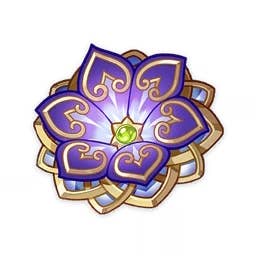 a piece of the flower of paradise lost artifact set that resembles a purple mechanical flower with a green centre and gold edges