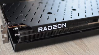 The Radeon logo on an RX 7700 XT graphics card.