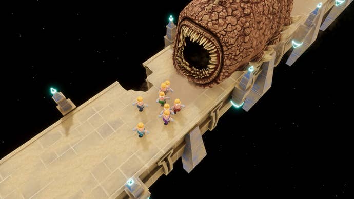 Escape Factory screenshot showing workers getting chased by some kind of woody Dune-like worm