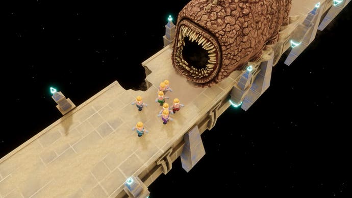 Captura de tela do Escape Factory mostrando trabalhadores sendo perseguidos por algum tipo de verme lenhoso parecido com Dune
