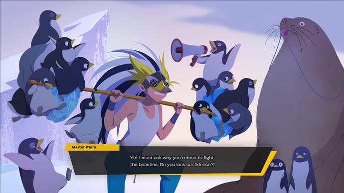 Screenshot from Foamstars, showing an animated cutscene where Gwyn deadlifts baby penguins