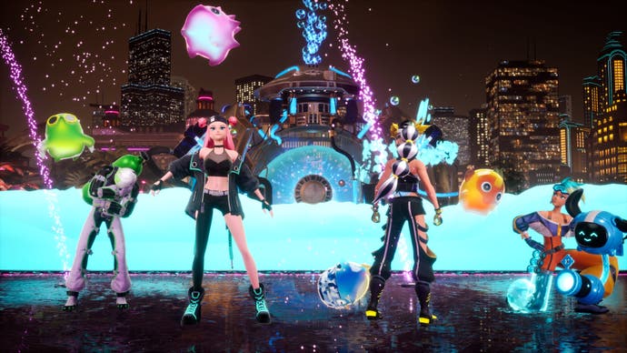 Four players give a victory pose in a screenshot from Foamstars.