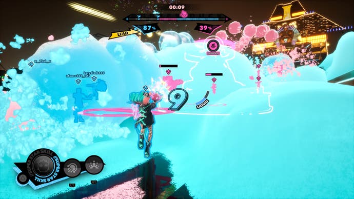 Screenshot from Foamstars, showing a multiplayer battle with blue foam filling up the screen.