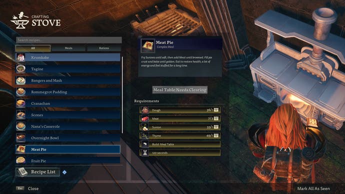 LOTR Return to Moria screenshot - One of Return to Moria’s food crafting menus. This one, for the late-game stove, shows options for cooking items such as Meat Pie, Tagine and Krumkake.