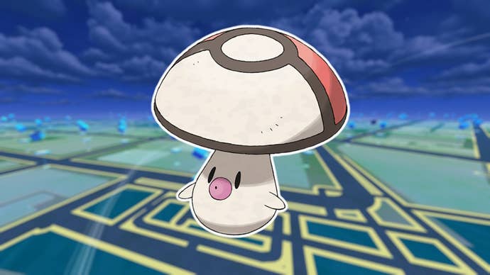 a blurred map view at night with pokestops in the distance, with foongus image in the middle