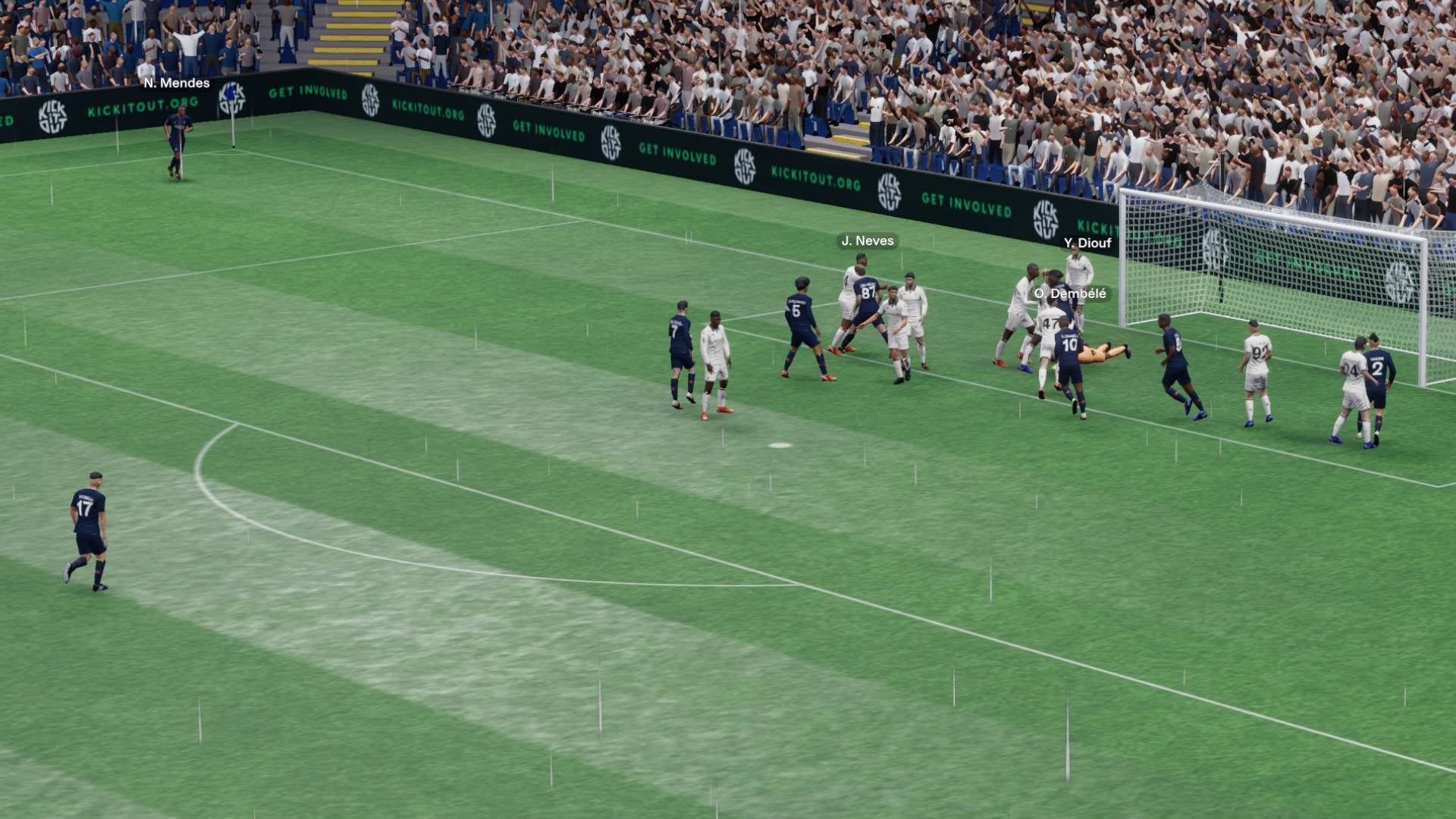 Players cluster around the goal like bowling pins, hoping to block an incoming shot in Football Manager 26. - 5