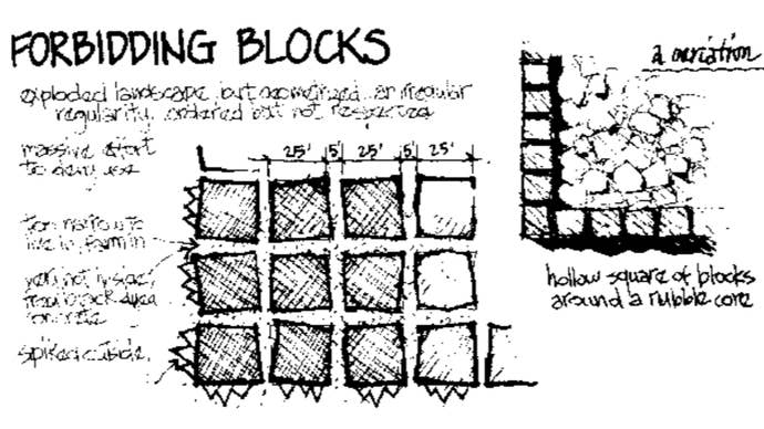 A diagram of a possible surface-level architecture to mark a nuclear waste disposal site, published in a report from the US Sandia National Laboratories in 1992. It looks like a landscape of “forbidding” broken blocks.