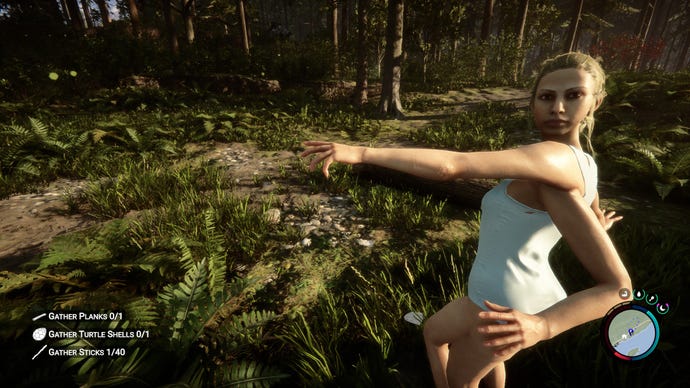 The four-armed woman Virginia accompanies the player through a forest in Sons Of The Forest