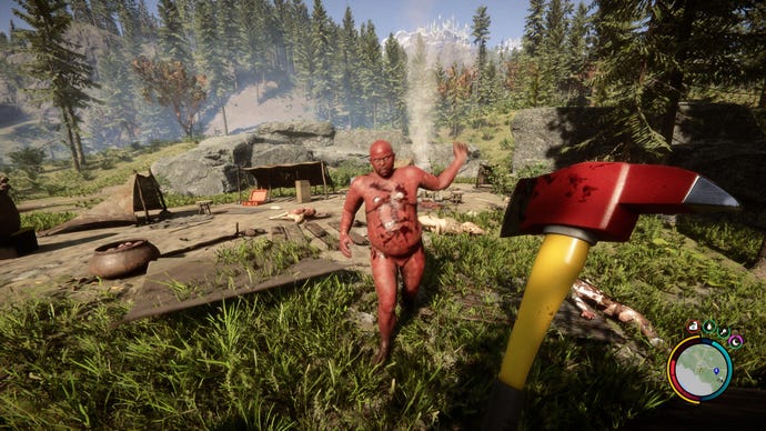 A red naked man monster approaches the player in a forest setting in Sons Of The Forest